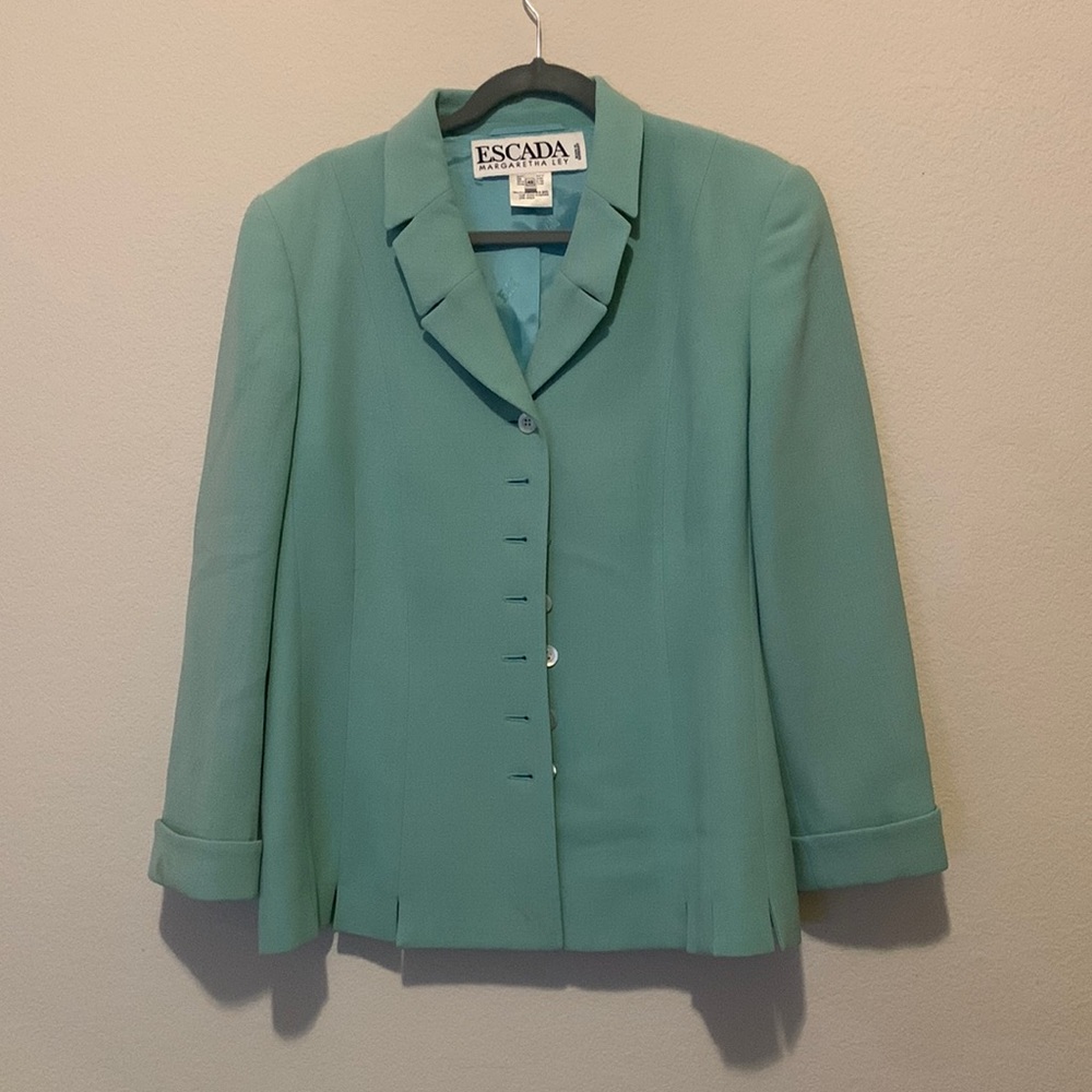 Escada wool blazer and skirt and pants. Light blue and sea-foam colored. Size 42